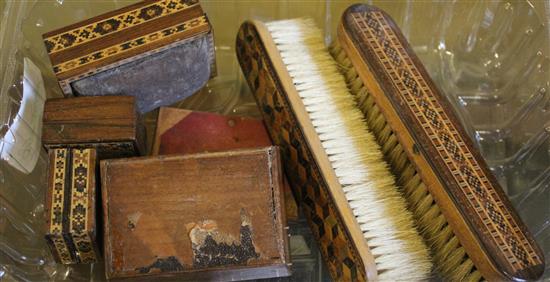 Tunbridge Ware - 3 stamp boxes, 2 brushes and a pin cushion